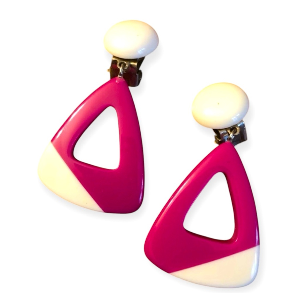 1980’s Large Vintage Neon Pink Clip On Earrings, Colorblock Statement Earrings